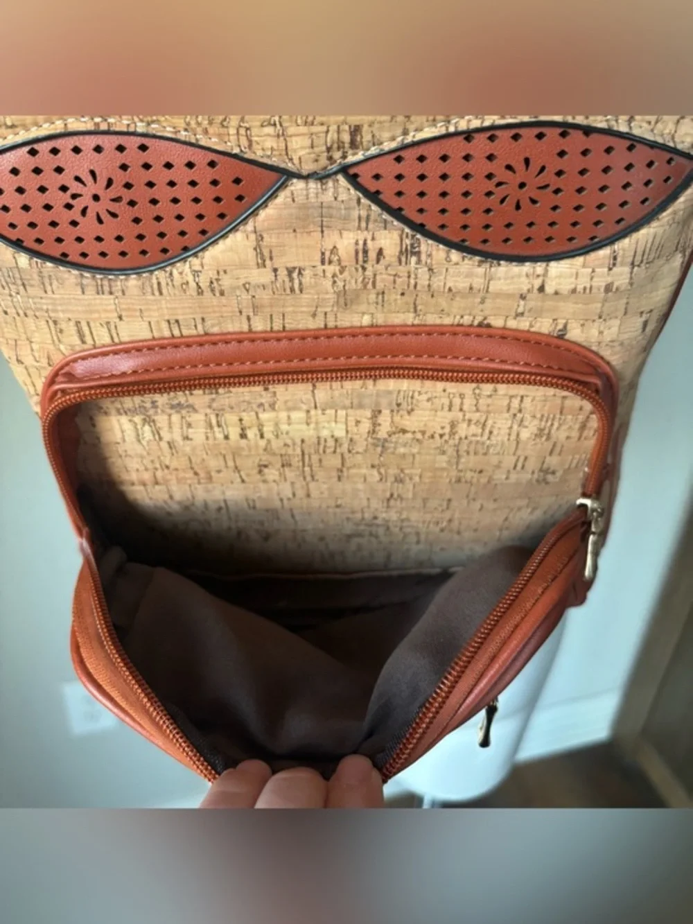 Portugal Cork Fabric Azulejo ceramic Tile Pattern Faux Leather Trim Backpack‎